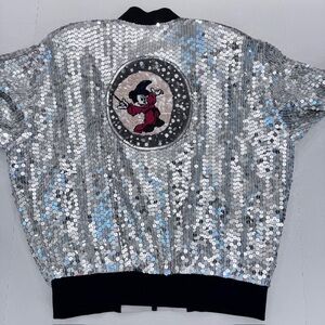 VTG Coltex Disney Silver Sequin Sorcerer Mickey Beaded BomberJacket Women Small